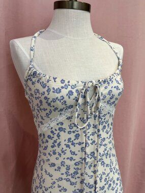Blue Ditsy Floral Slip Maxi Dress Size S Lace Trim Tie Front Spaghetti Strap Coq